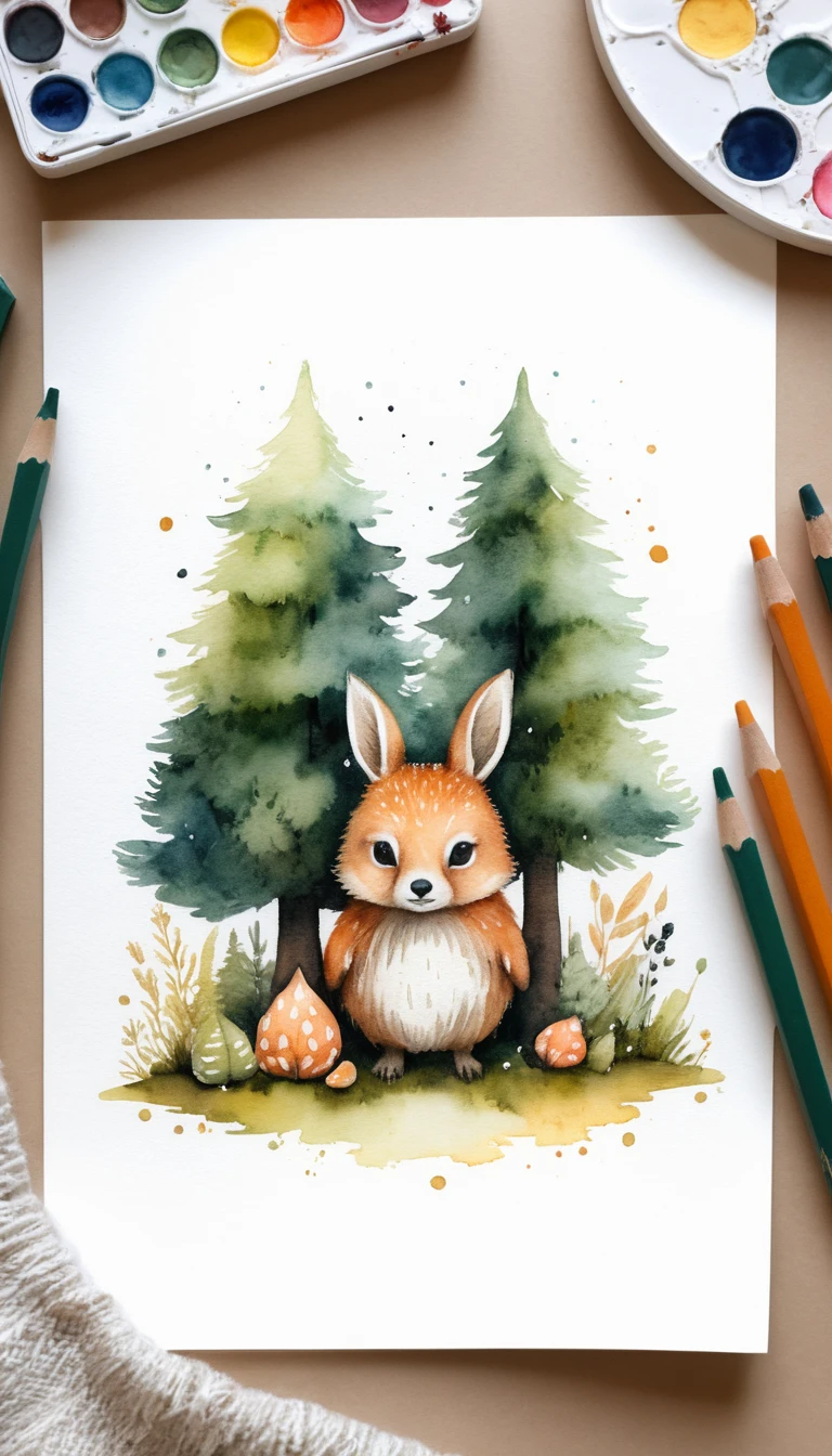 Personagem minúsculo e aconchegante do povo da floresta em estilo aquarela