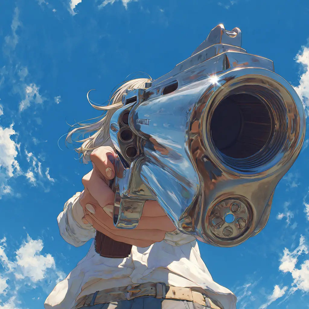 Ragazza anime che mira con un revolver in drammatico primo piano fish-eye