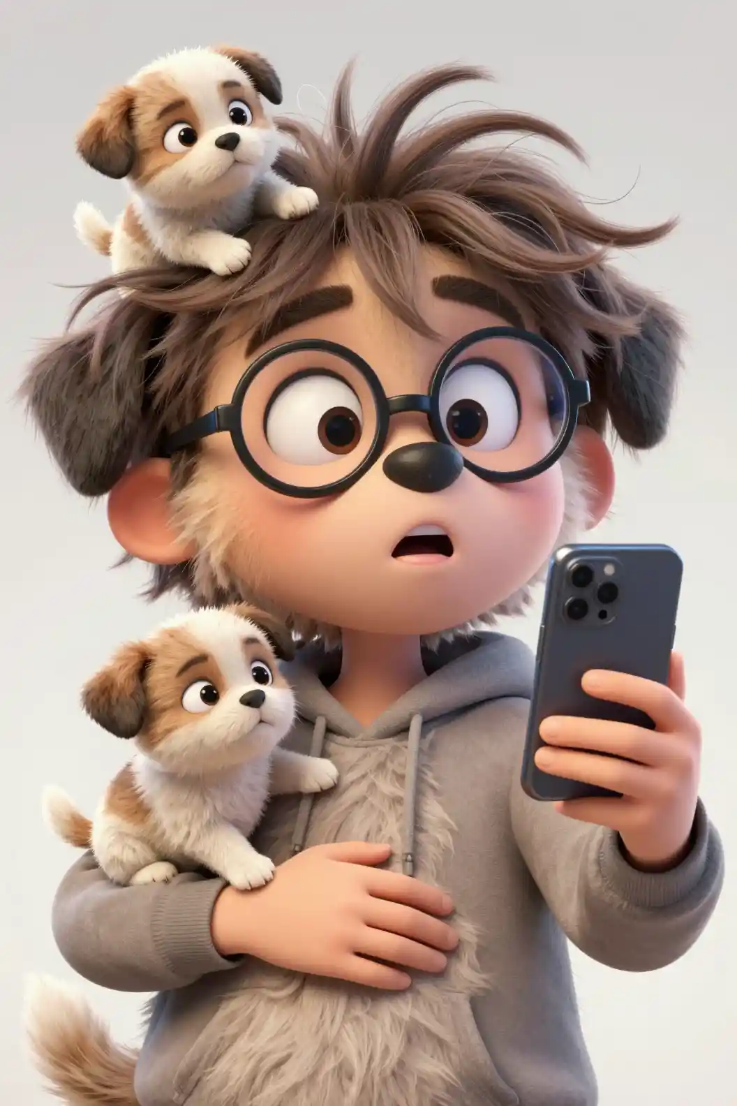 Cartoon dog mom taking a chaotic selfie with puppies