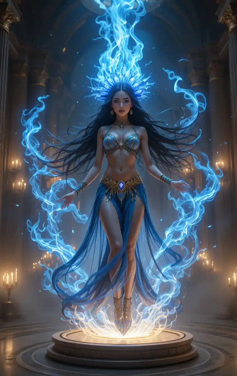 Donna mistica avvolta in fiamme blu in una grande sala illuminata da candele