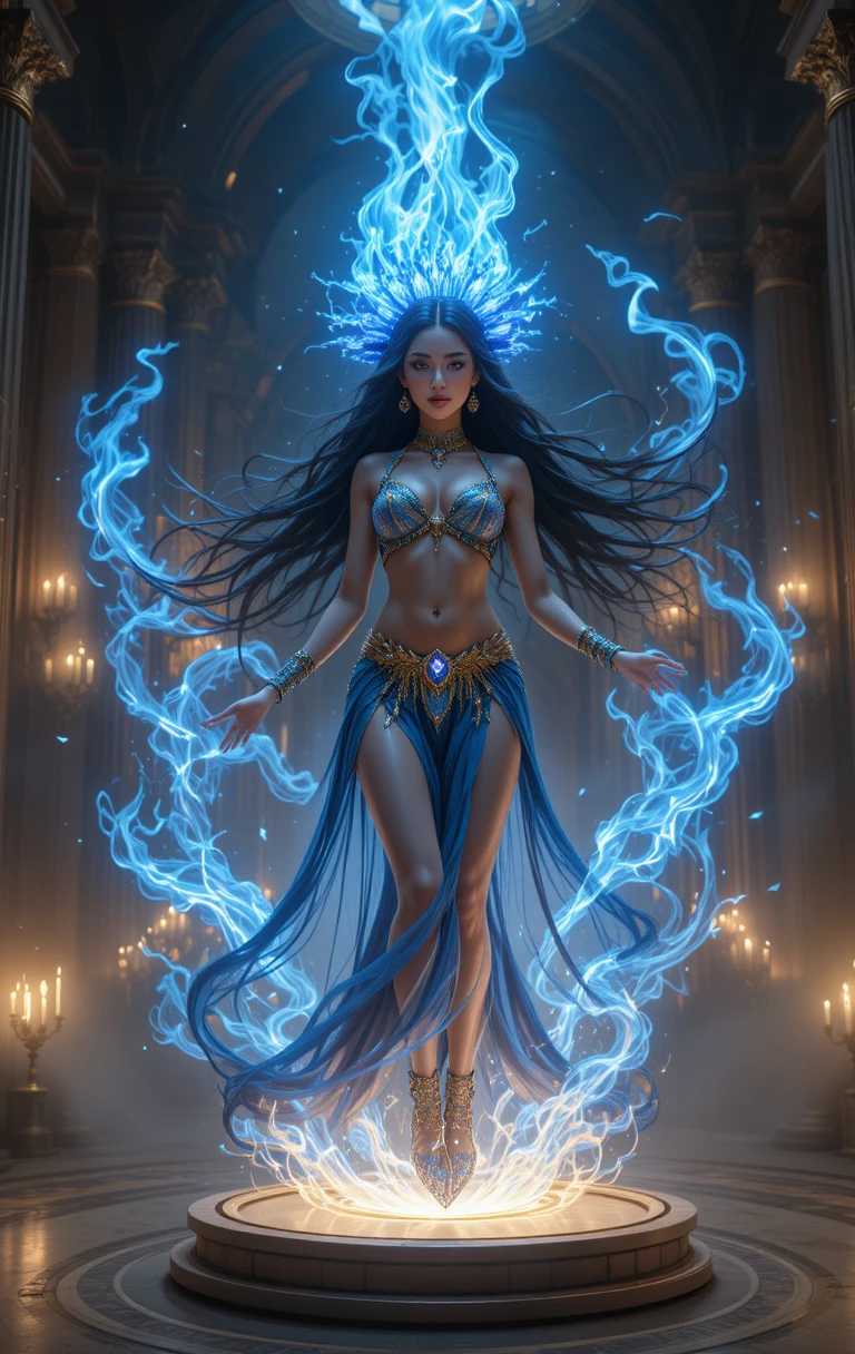 Mujer mística envuelta en llamas azules en un gran salón iluminado por velas