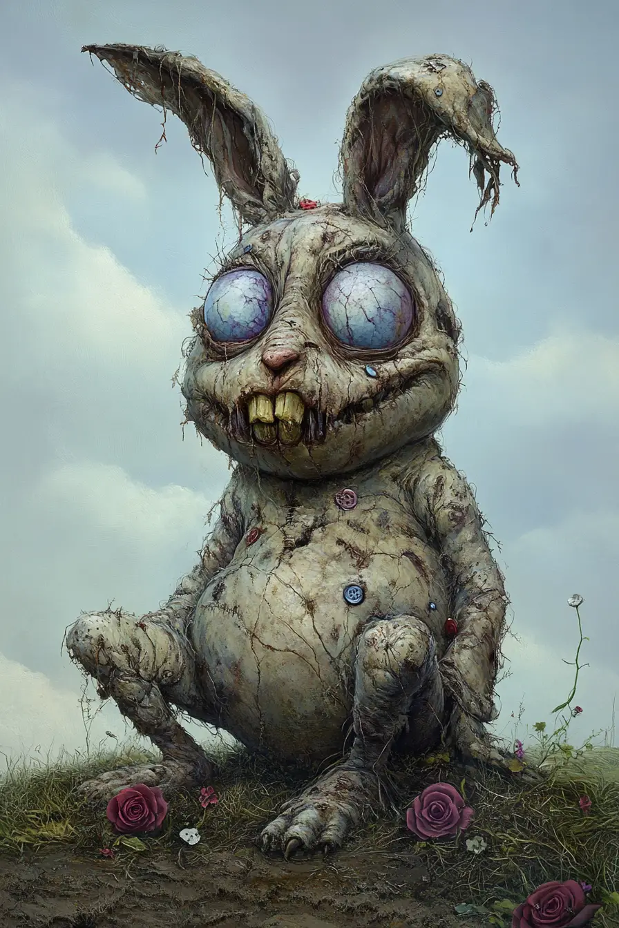 Grotesque fantasy rabbit creature under a gloomy sky
