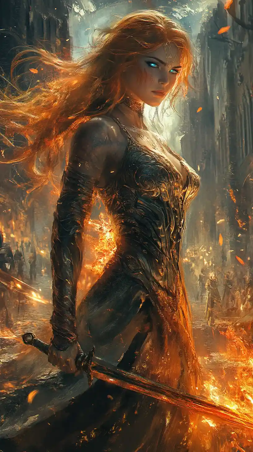 Defiant warrior princess standing in a chaotic public square
