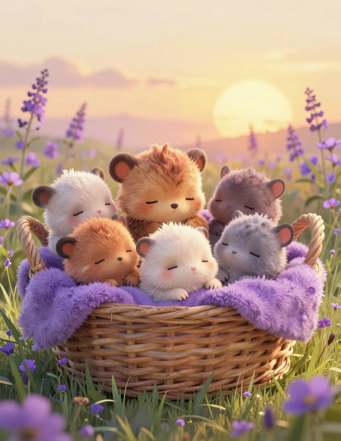 Niedliche Babytierchen in eine fliederfarbene Decke gekuschelt im Sonnenuntergang