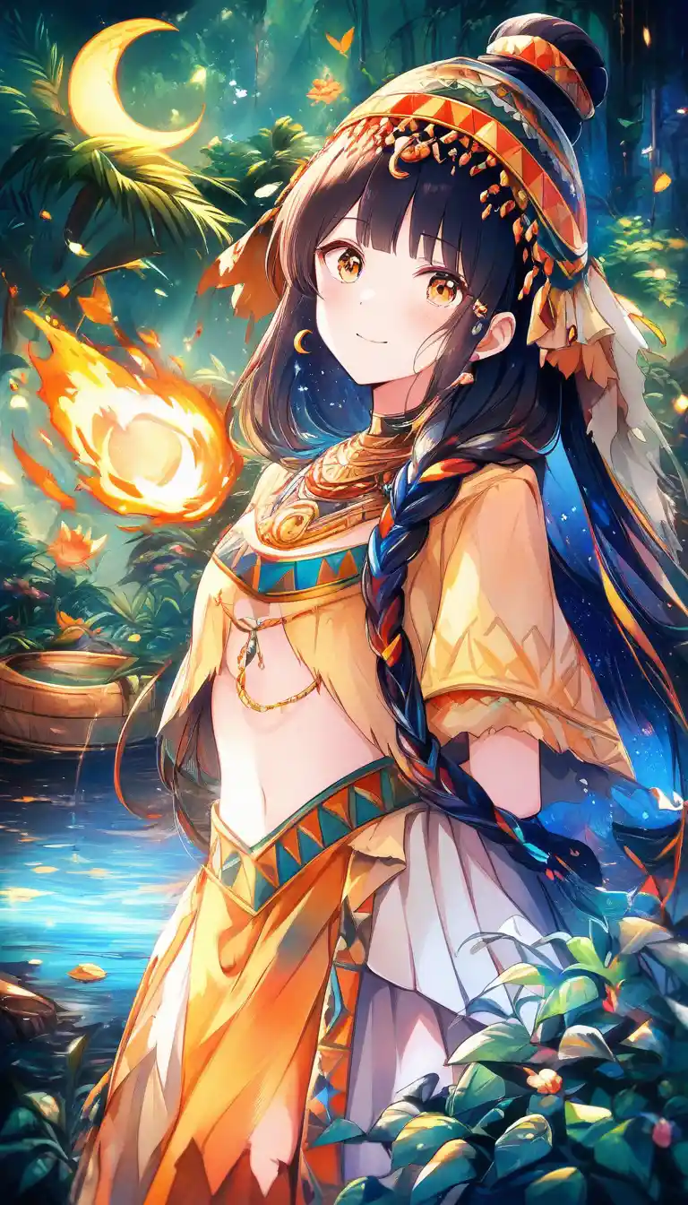 Anime woman resting in a glowing jungle garden scene