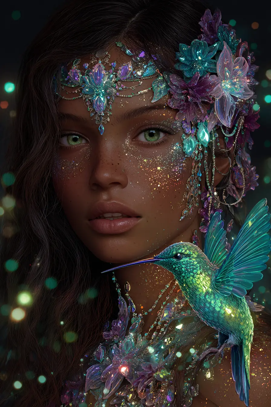 Femme parée de bijoux avec colibri néon dans l’obscurité