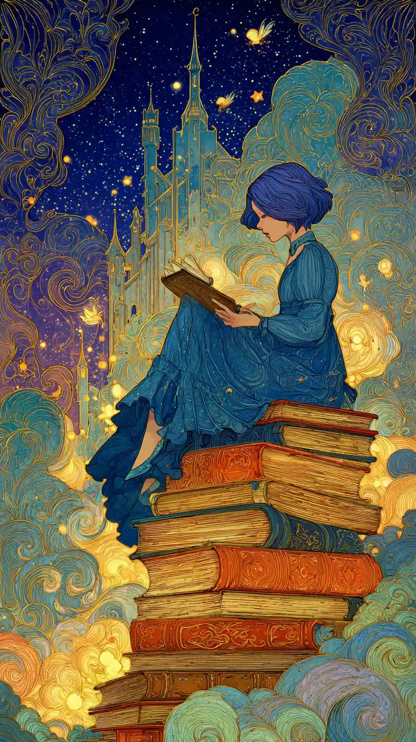 Cute girl on towering books in dreamy fairy tale world
