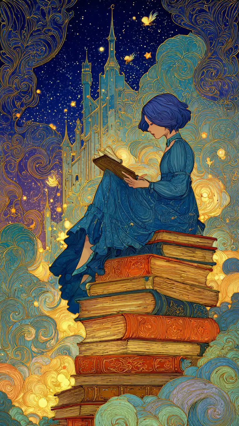 Cute girl on towering books in dreamy fairy tale world