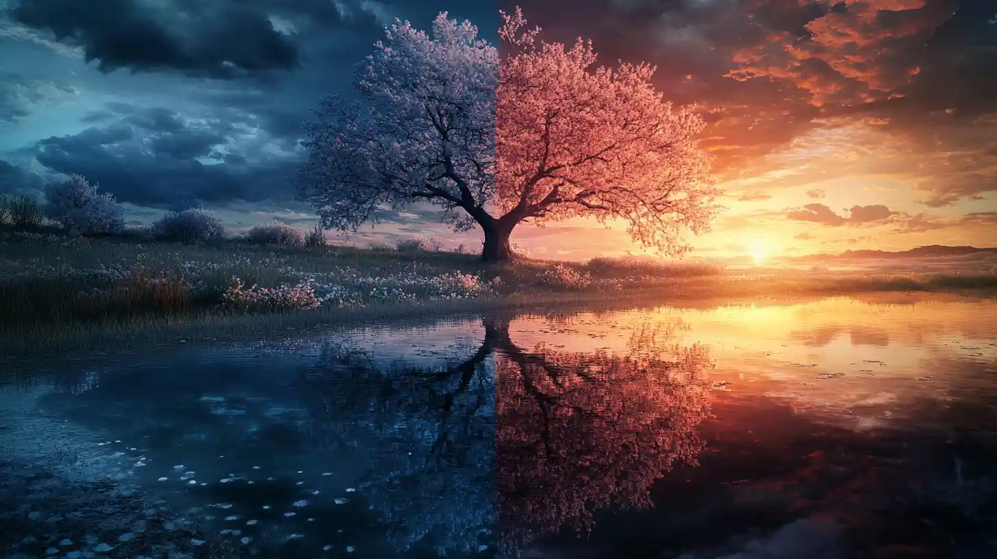 Yin and yang sky over trees at sunrise and sunset