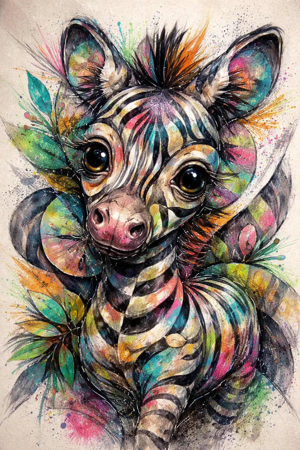 Abstract cubist baby zebra portrait with neon textures
