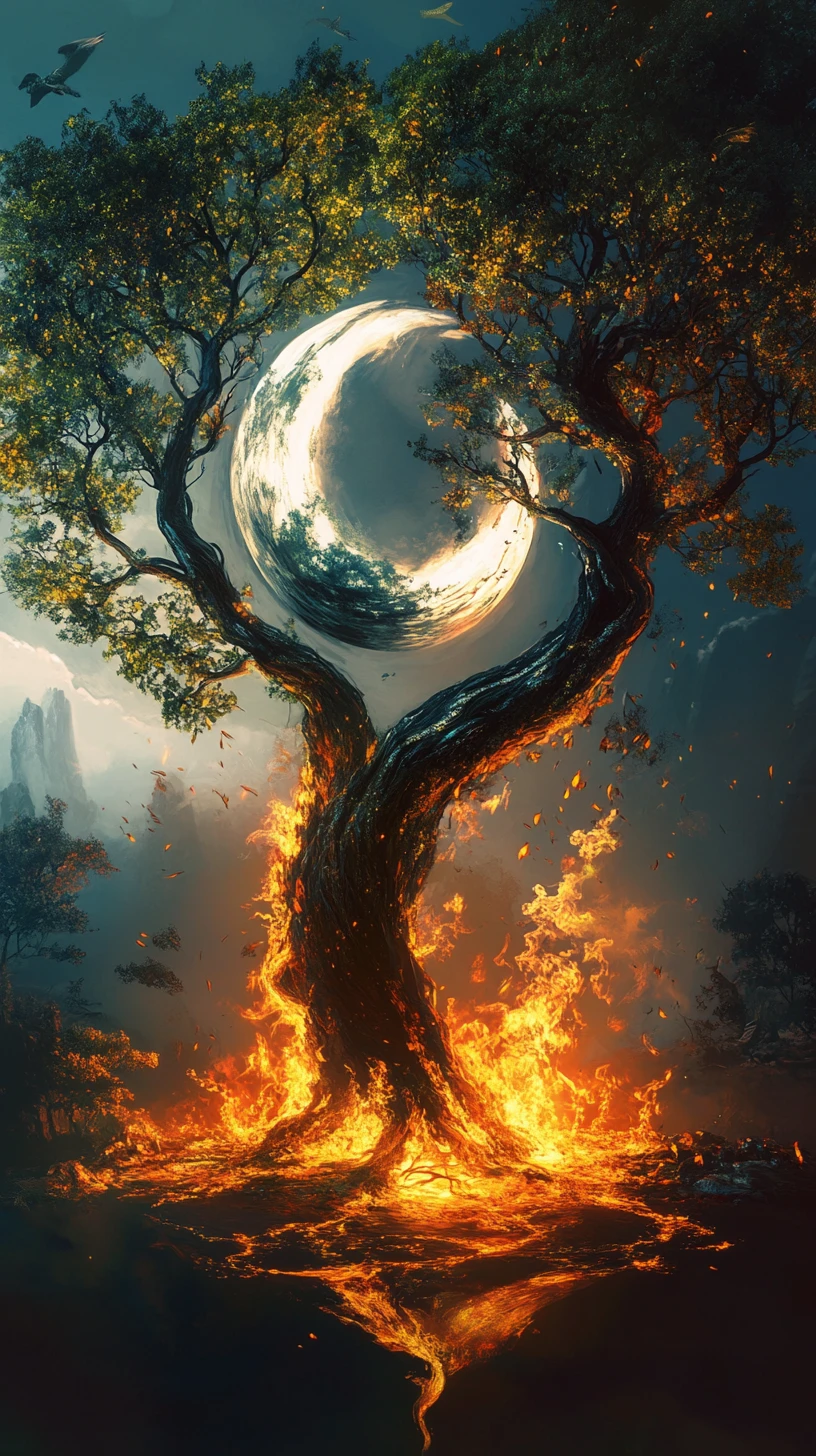 Arbres yin yang reliés par une énergie spirituelle lumineuse