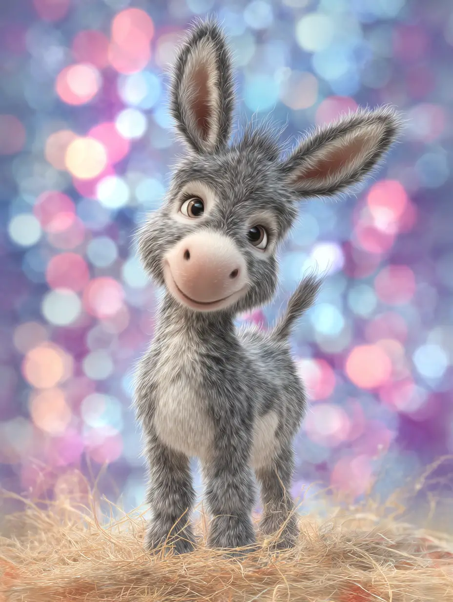Smiling Baby Donkey Cartoon On Straw With Soft Bokeh