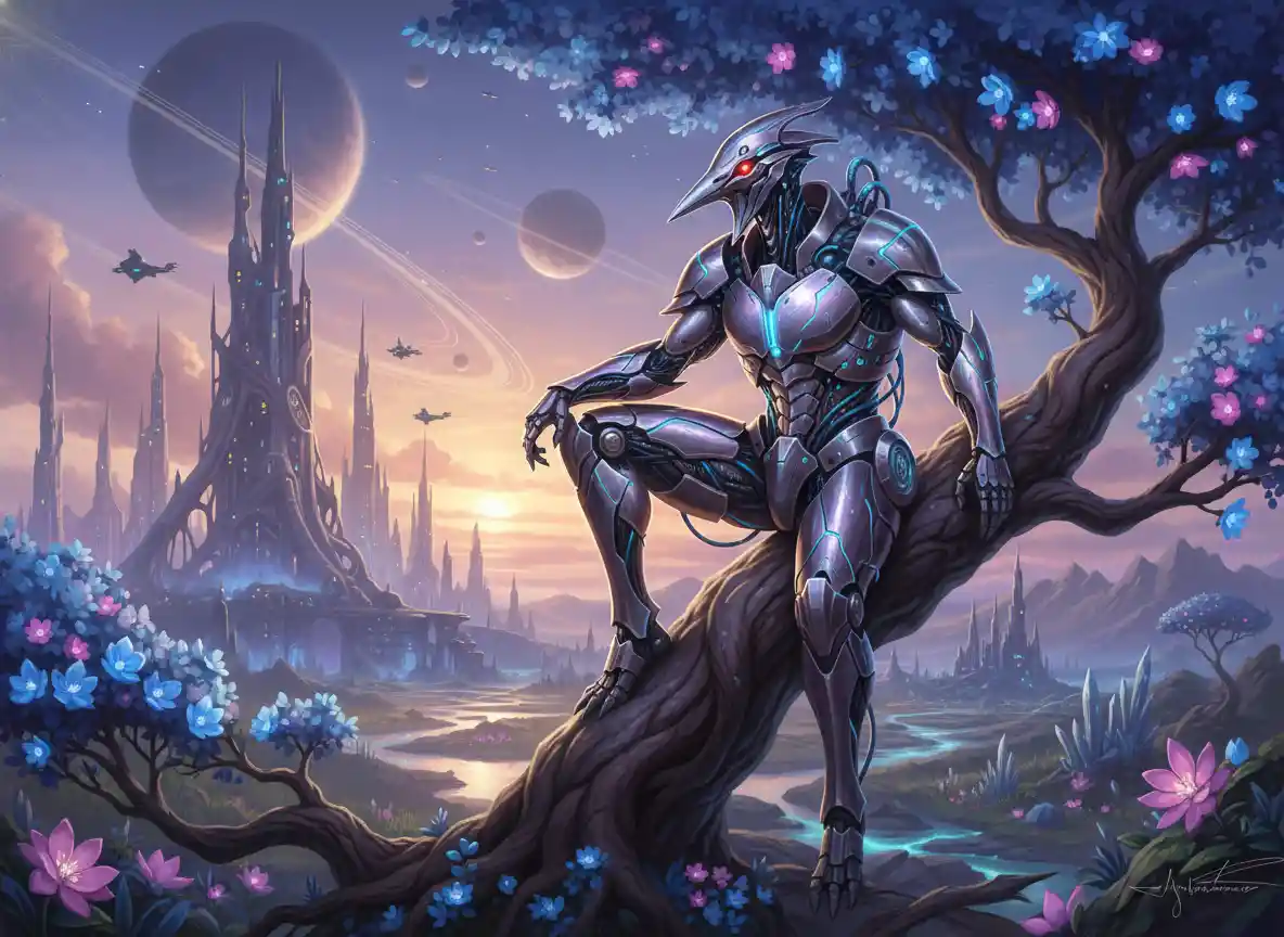 Cavaliere gru corazzato fantasy appollaiato su un ramo di foresta primaverile
