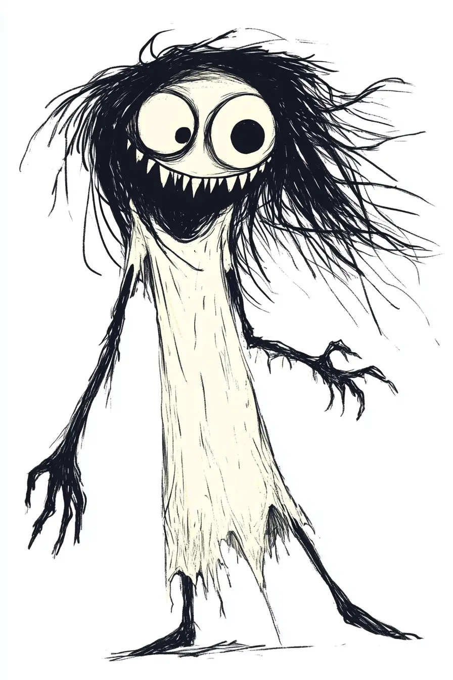 Wild haired cartoon spirit with wide staring eyes