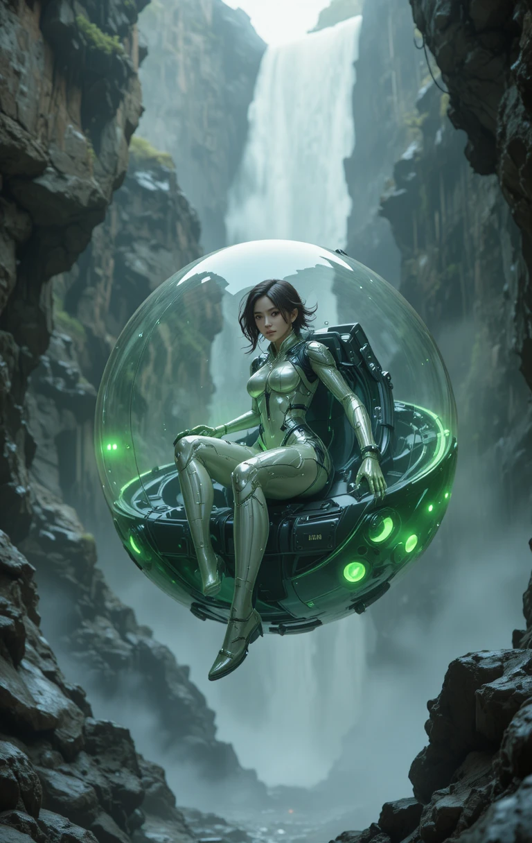 Futuristic woman piloting a glowing hoversphere through cliffs