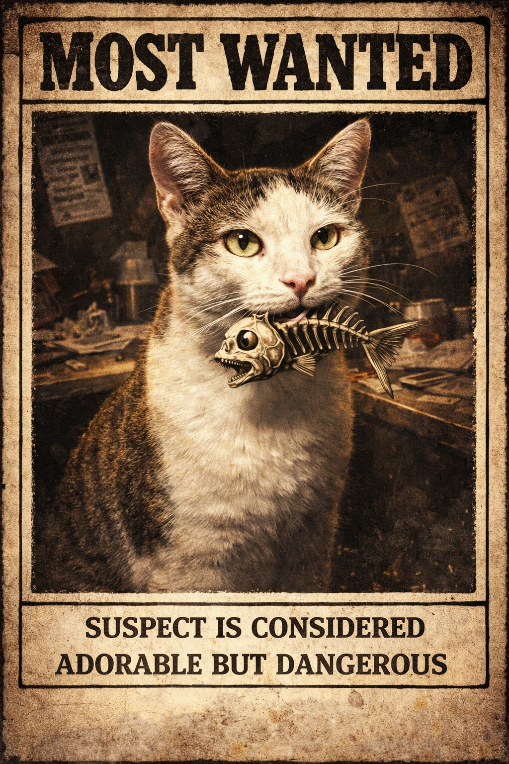 Cinematic wanted poster of smug tabby cat with fish