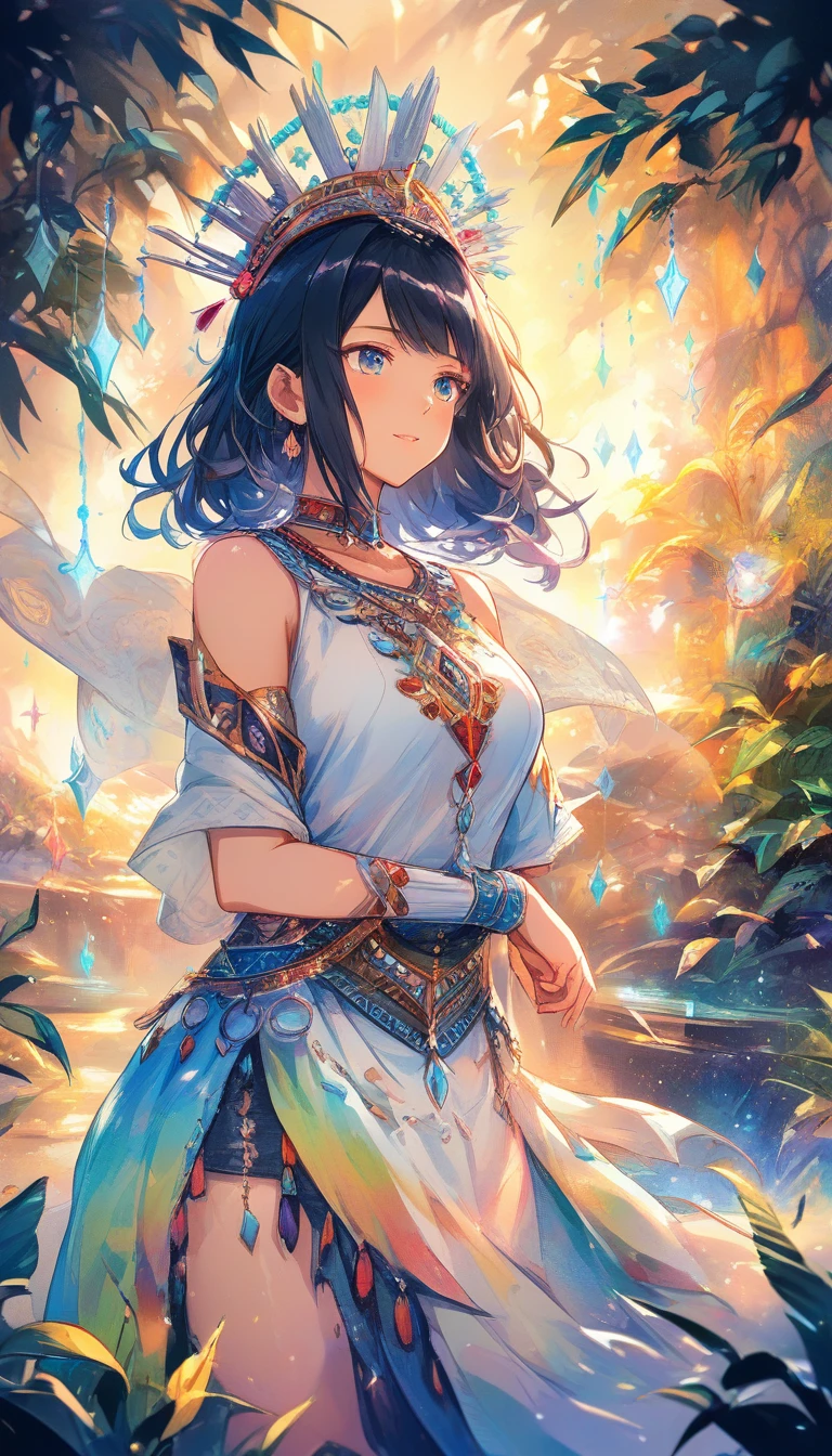 Mulher de anime descansando em um vibrante jardim de selva