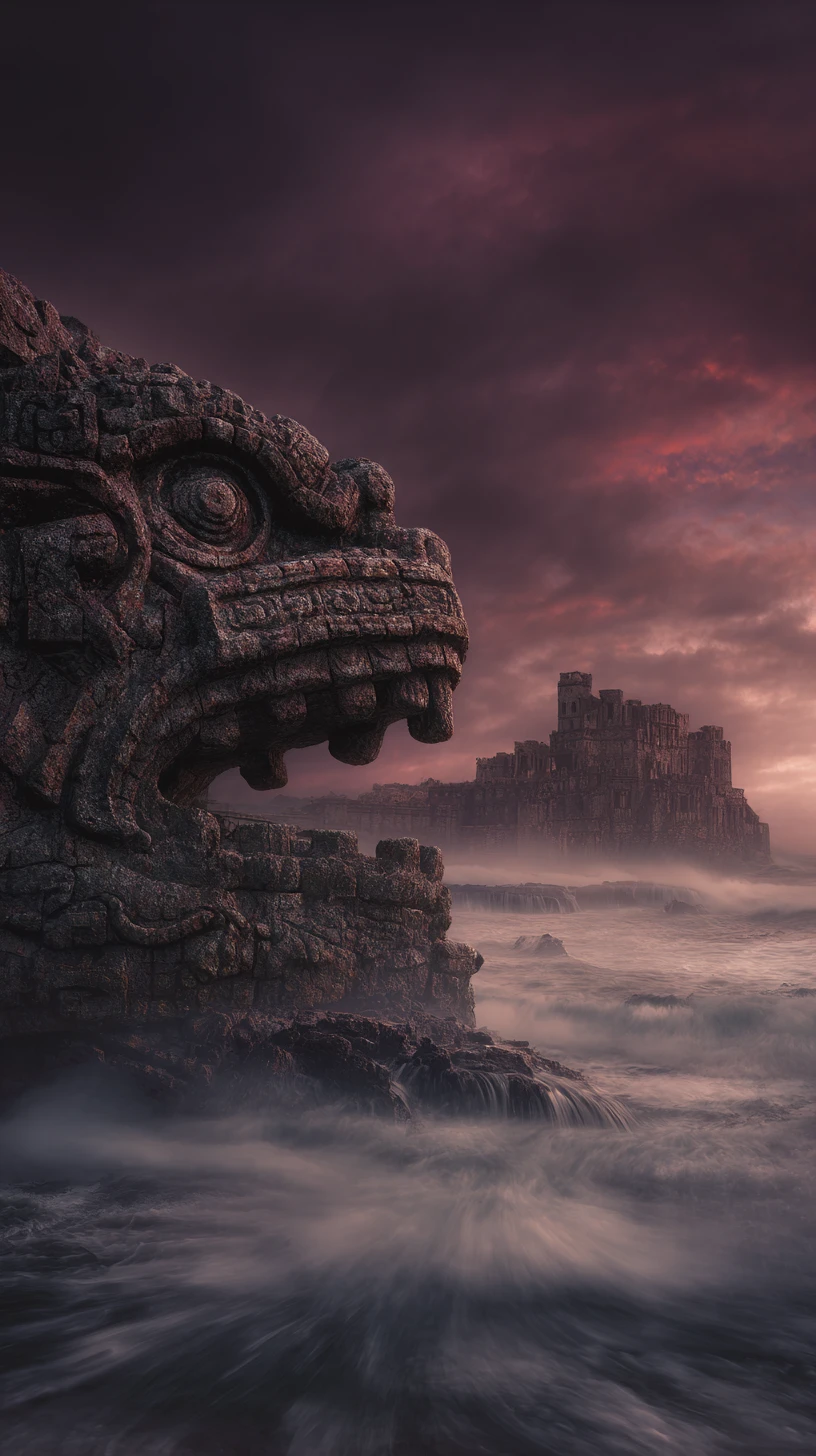 Uralter aztekischer Drache, der aus einem stürmischen schwarzen Meer aufsteigt