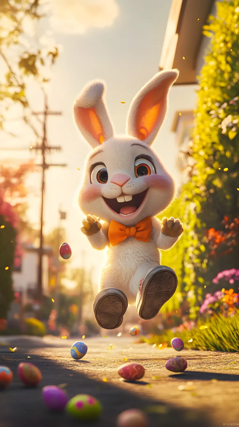 Playful easter rabbit hopping along a suburban street