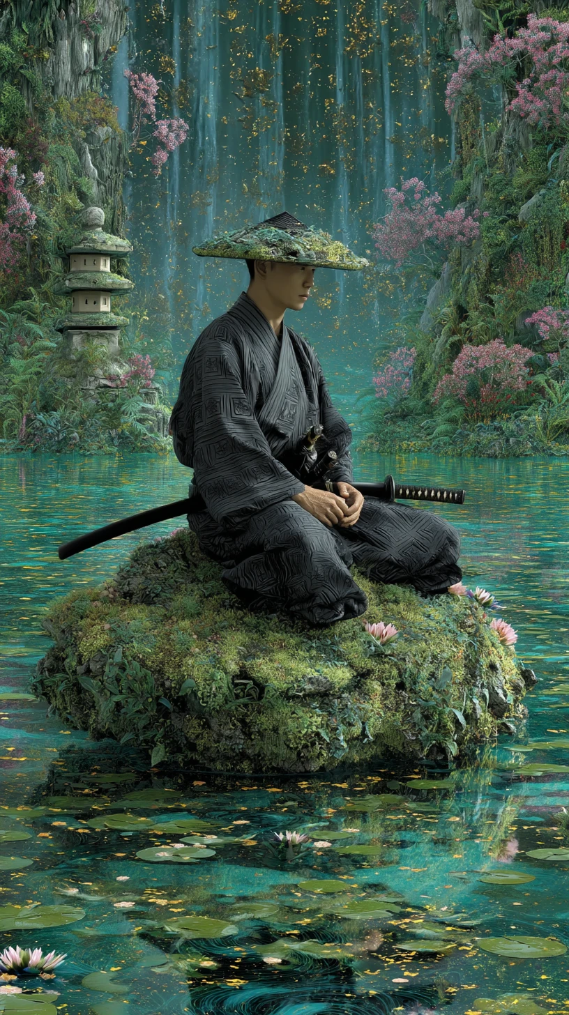 Lone samurai in seiza beside mossy stone lantern