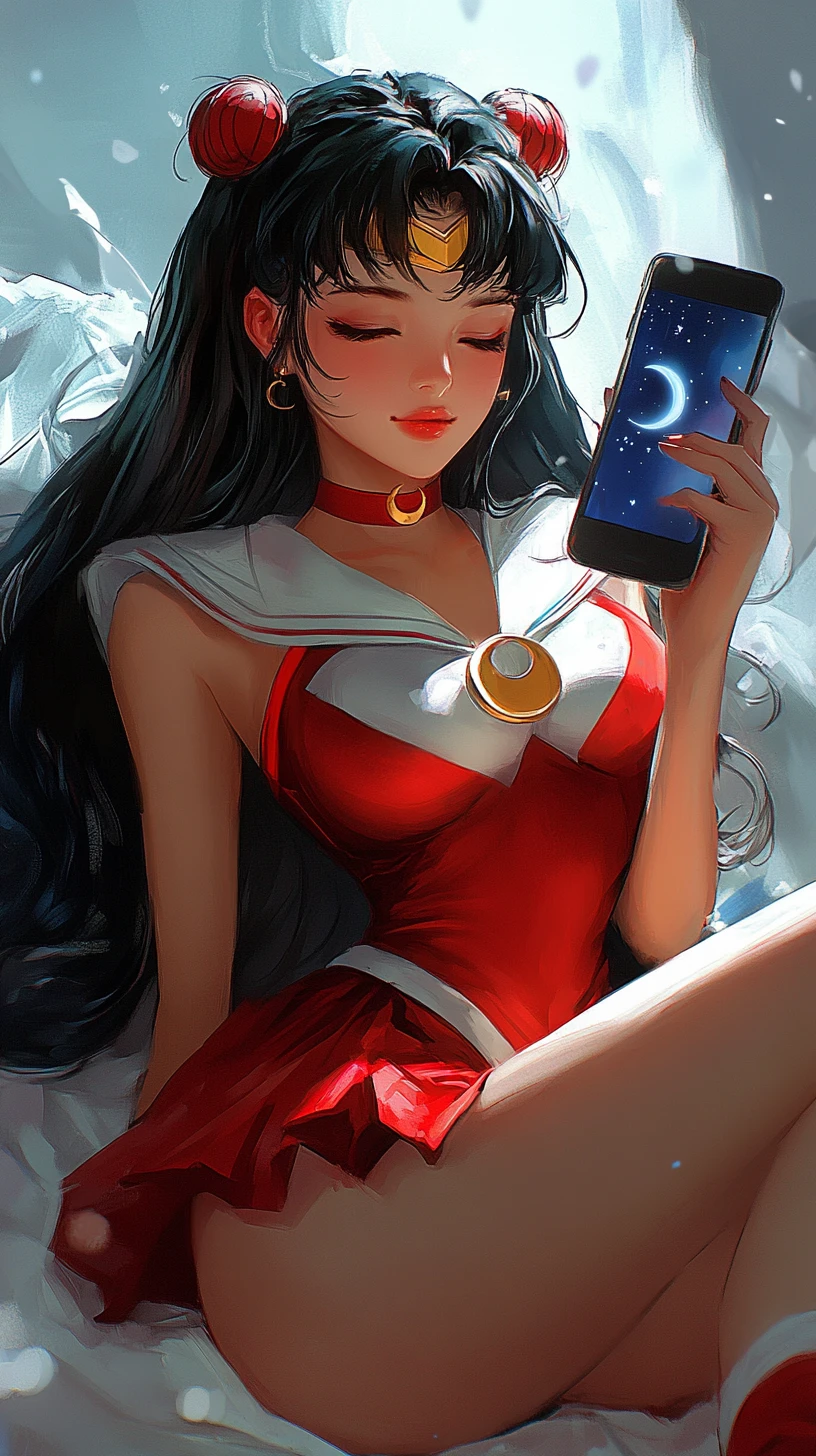 Anime girl in sailor outfit resting on glowing smartphone