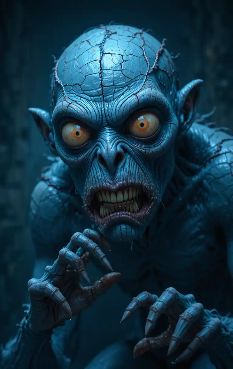 Close up of a blue skinned cgi monster face