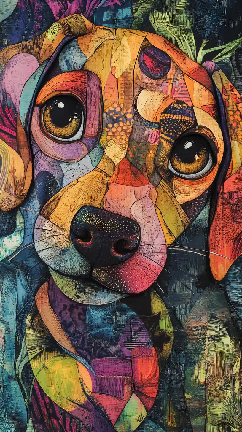 Abstract cubist puppy portrait with layered textured shapes