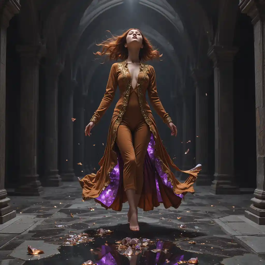 Floating Korean woman in crystal geode suede gown
