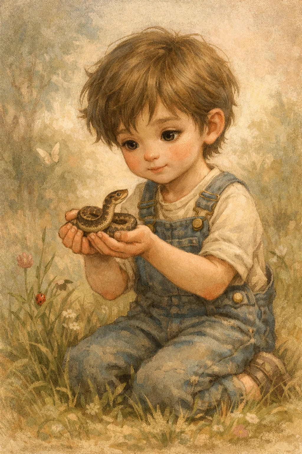 Young boy in grass gently holding a small snake