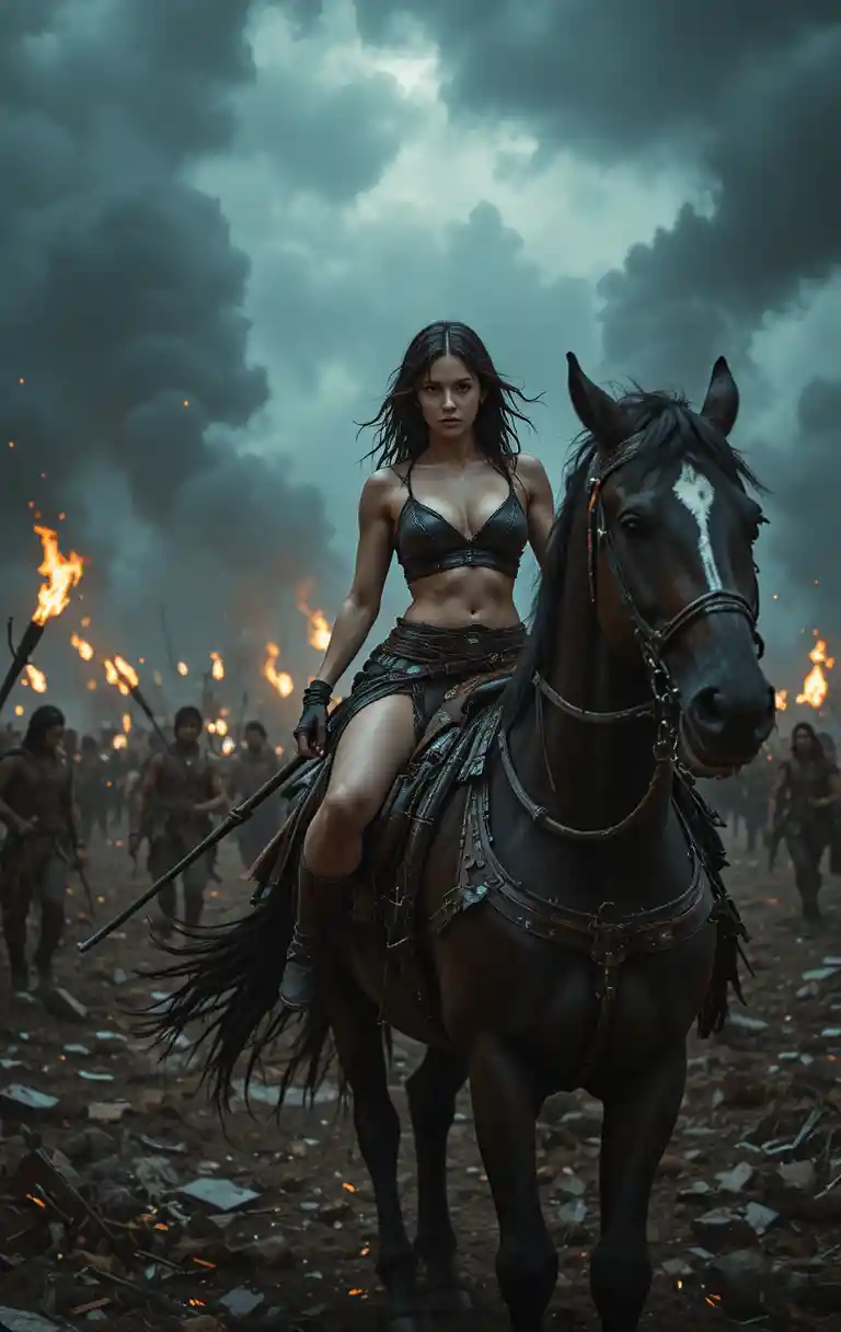 Muscular warrior woman charging on horseback through battle