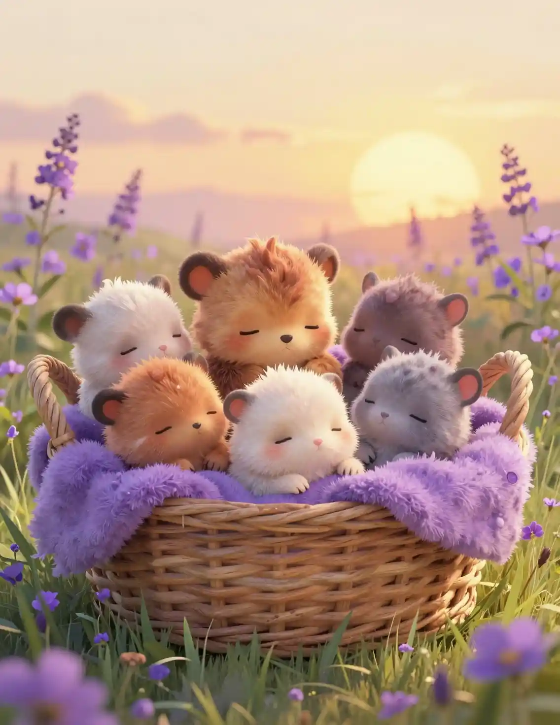 Cute baby animals curled in a lilac blanket at sunset