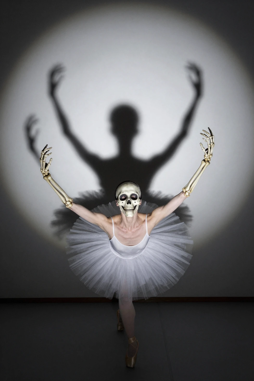Face seeking clues amid a ballet of skeletal hands