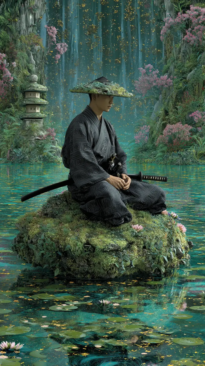 苔石燈籠旁盤坐的孤獨武士