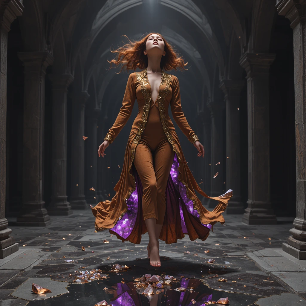Floating Korean woman in crystal geode suede gown
