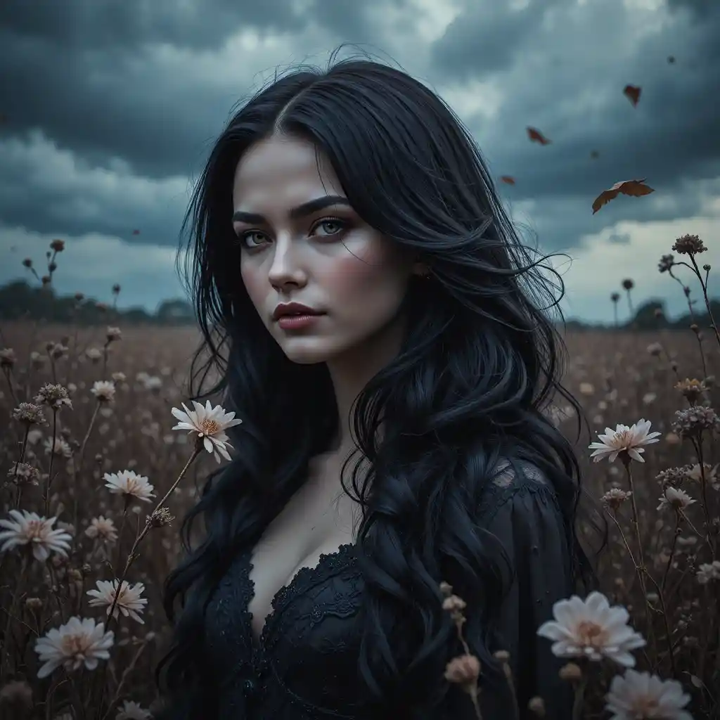 Melancholic dark haired woman in a gothic flower field