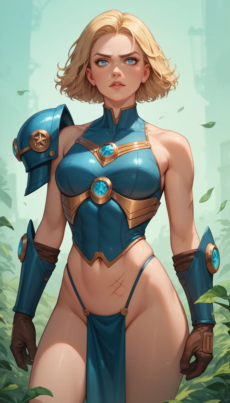 自信あふれるアニメの女戦士と未来的なスチームパンク都市
