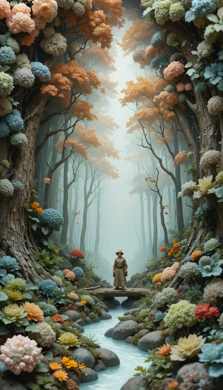 Cozy tiny forest folk character in soft watercolor style