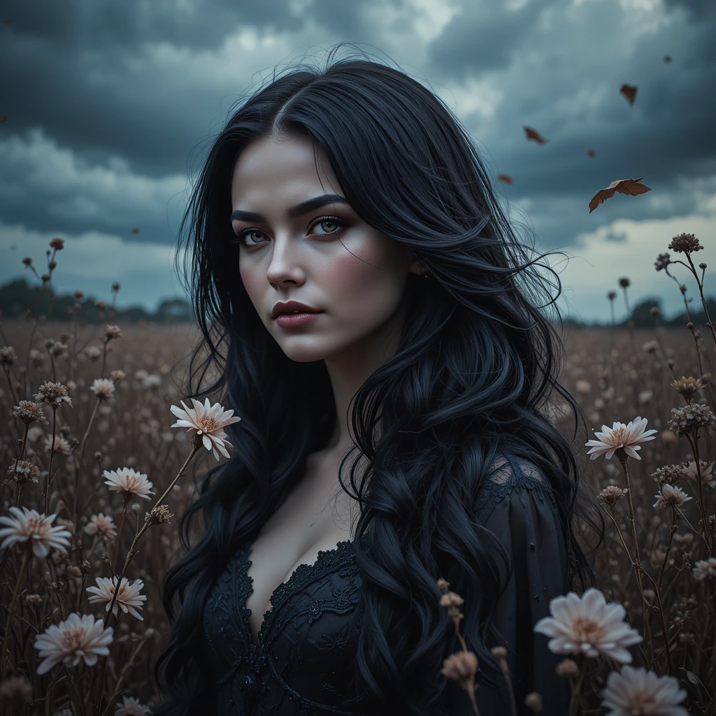 Melancholic dark haired woman in a gothic flower field