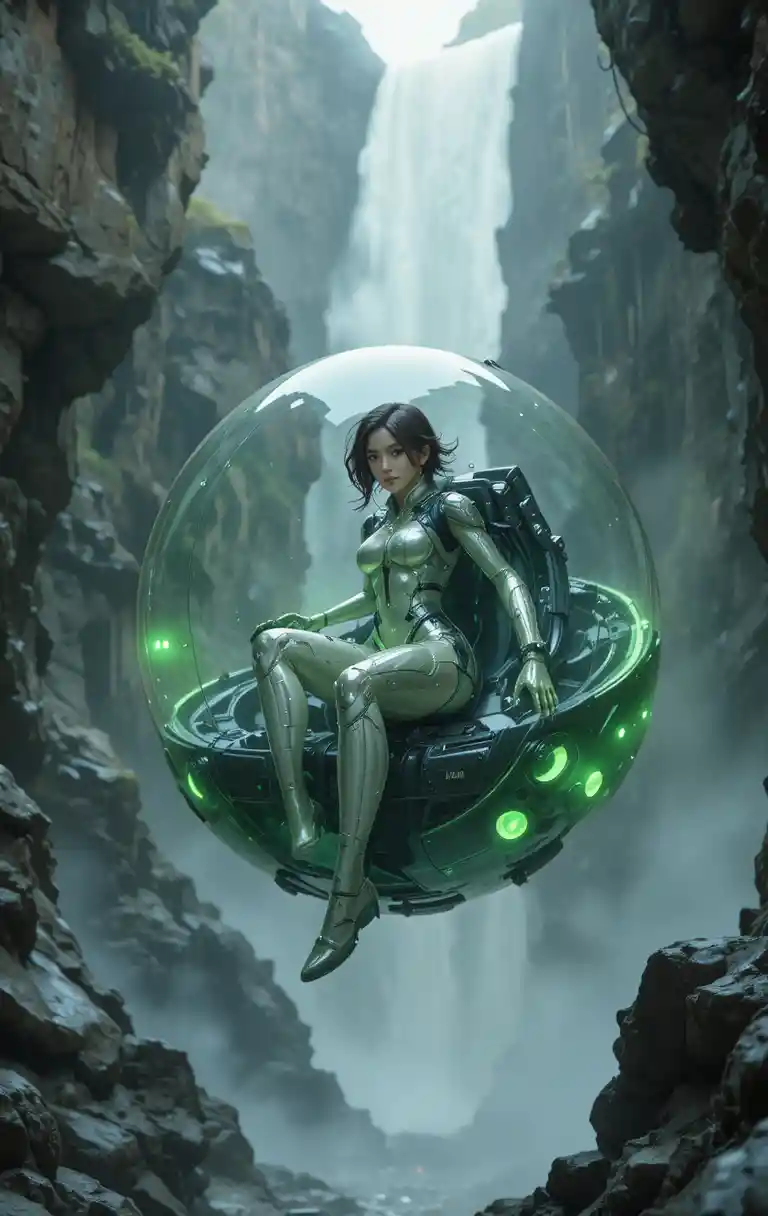 Futuristic woman piloting a glowing hoversphere through cliffs