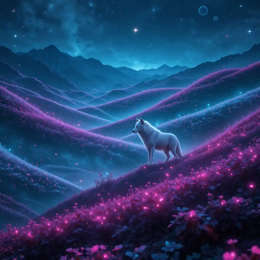 Lupo bianco in una valle luminosa di insetti bioluminescenti