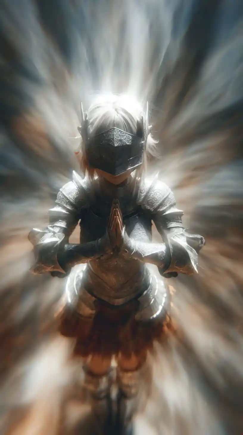 Anime girl knight looking directly at the viewer