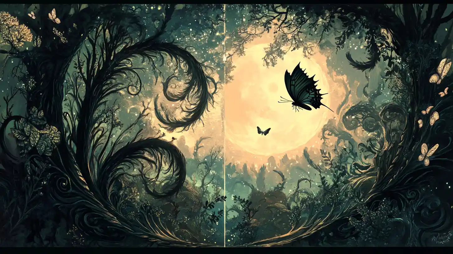 Farfalla in una mistica foresta fantasy Yin Yang