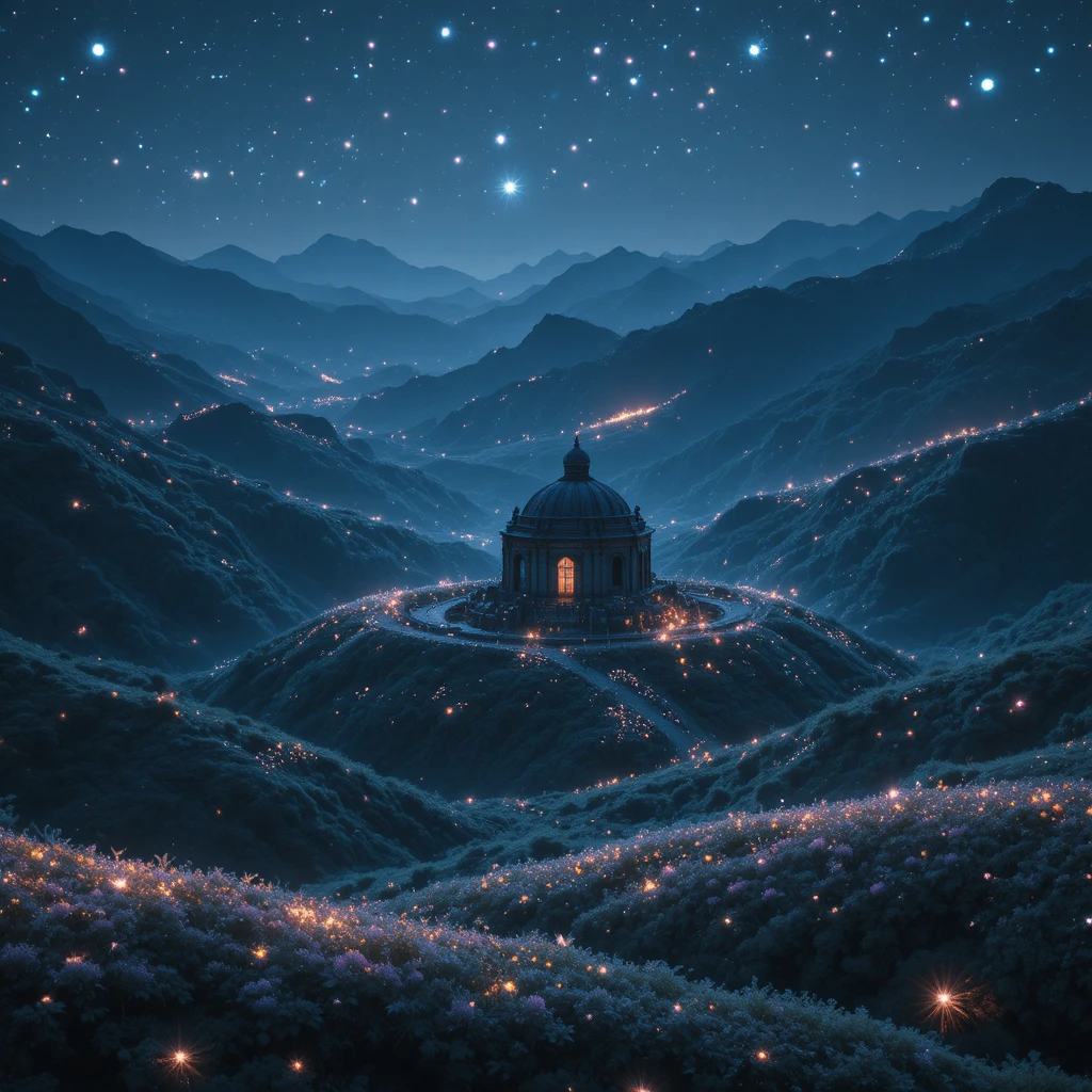 Forgotten temple glowing in a valley of bioluminescent lights