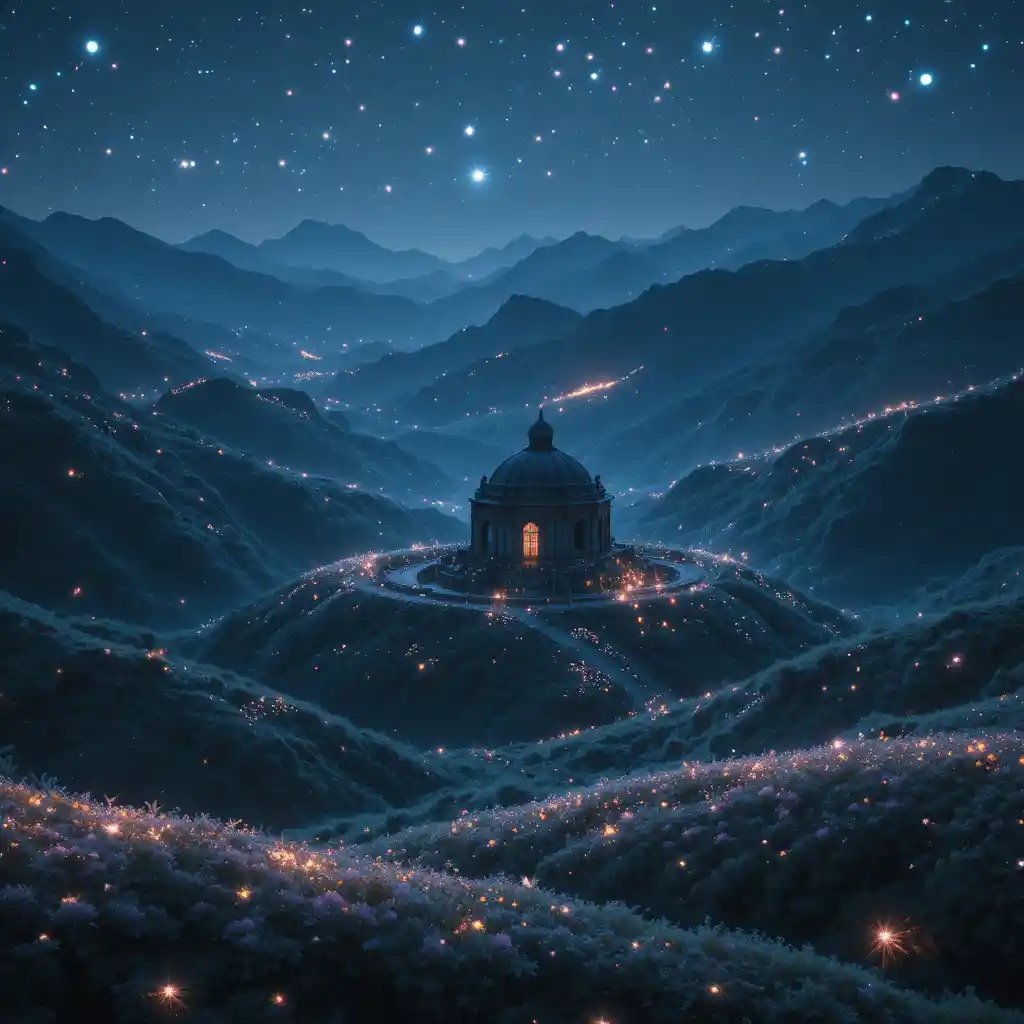 Forgotten temple glowing in a valley of bioluminescent lights