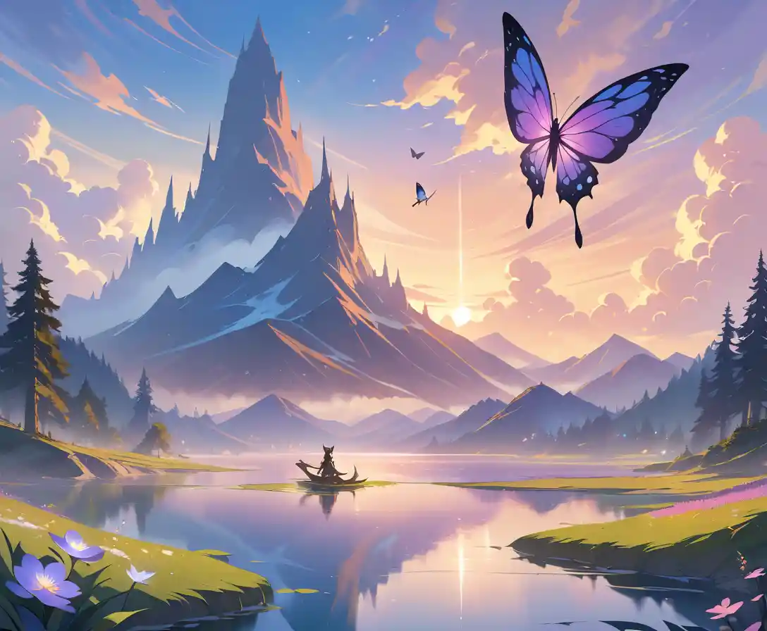 Butterfly On Flower By A Serene Mountain Lake At Sunrise