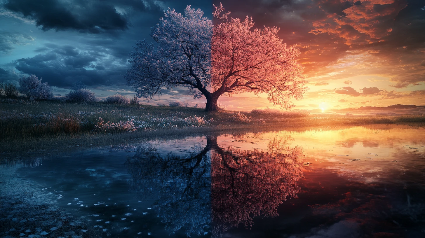 Céu de yin e yang sobre árvores ao nascer e ao pôr do sol