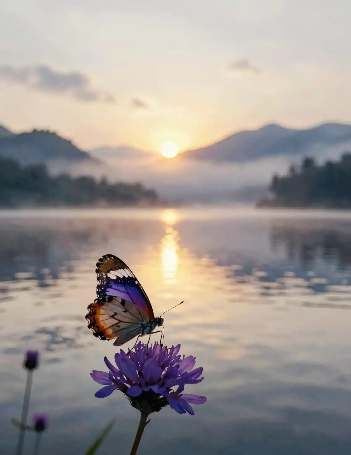 Golden sunrise over a calm lake with misty mountain silhouettes