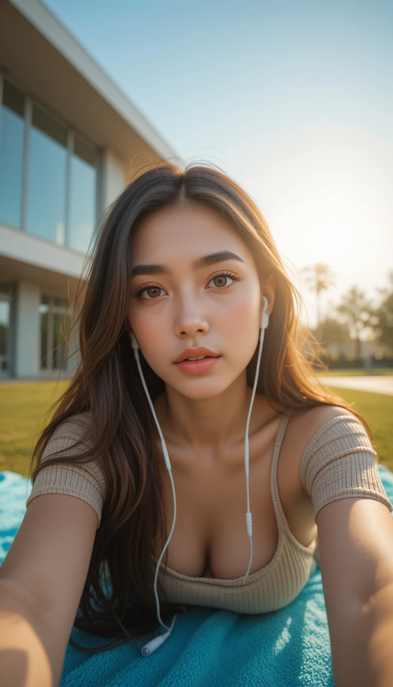 年輕女子在溫暖金色陽光下的夏日自拍