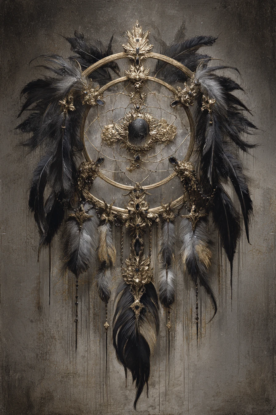 Gothic dreamcatcher drawing with gold and gemstone accents
