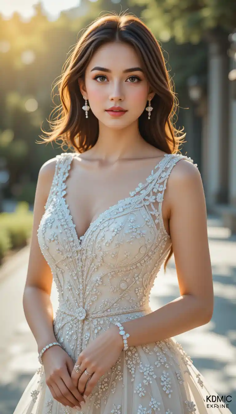 Cheerful woman in elegant wedding gown in bright sunlight